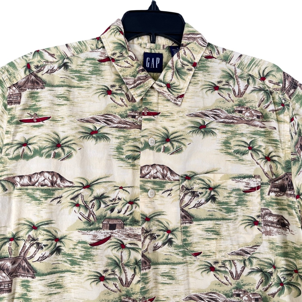 Vintage 90s GAP Hawaiian Shirt Mens S Tropical Palm Canoe Print Short Sleeve